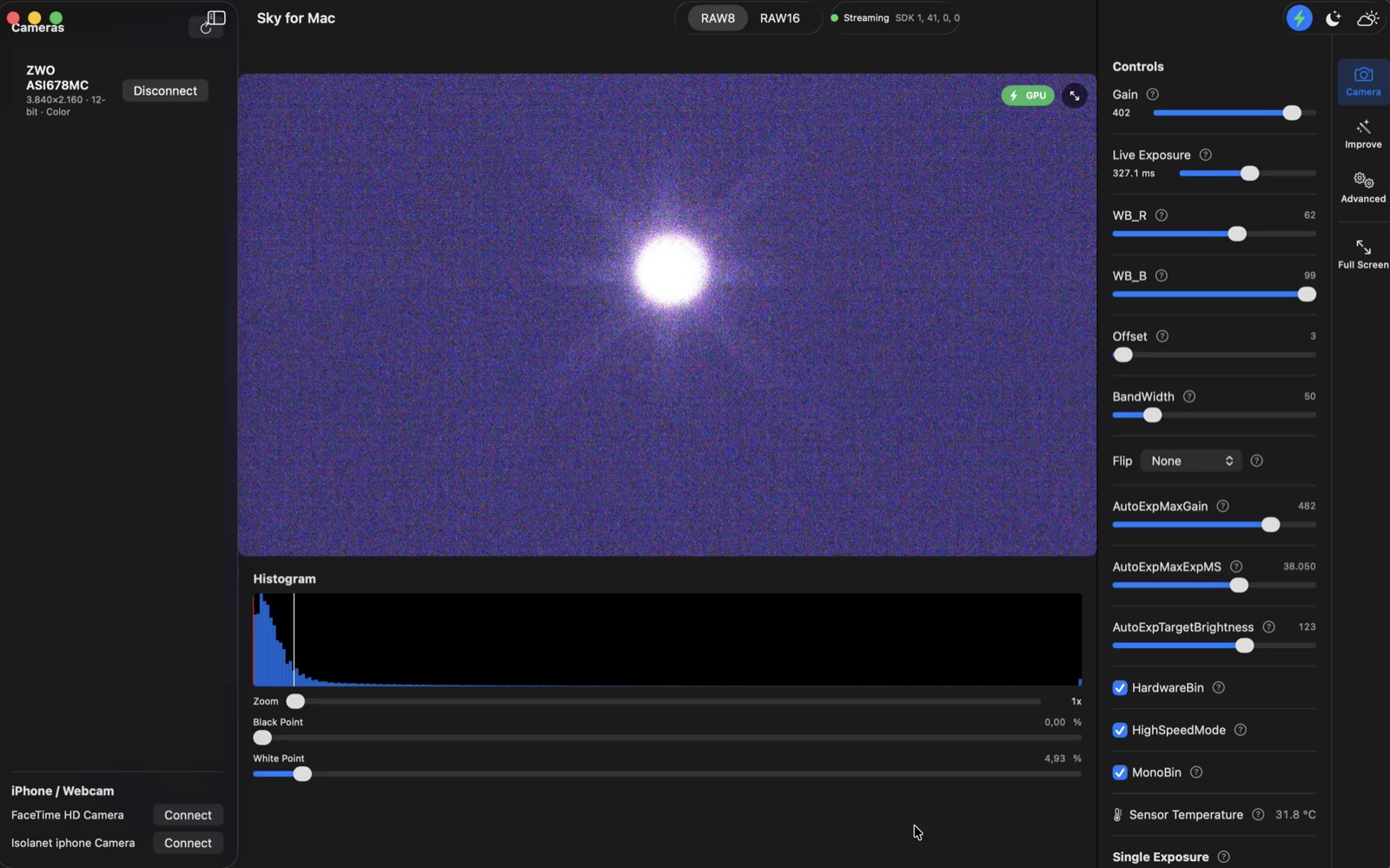 Arcturus, a bright-star test capture, in Sky For Mac