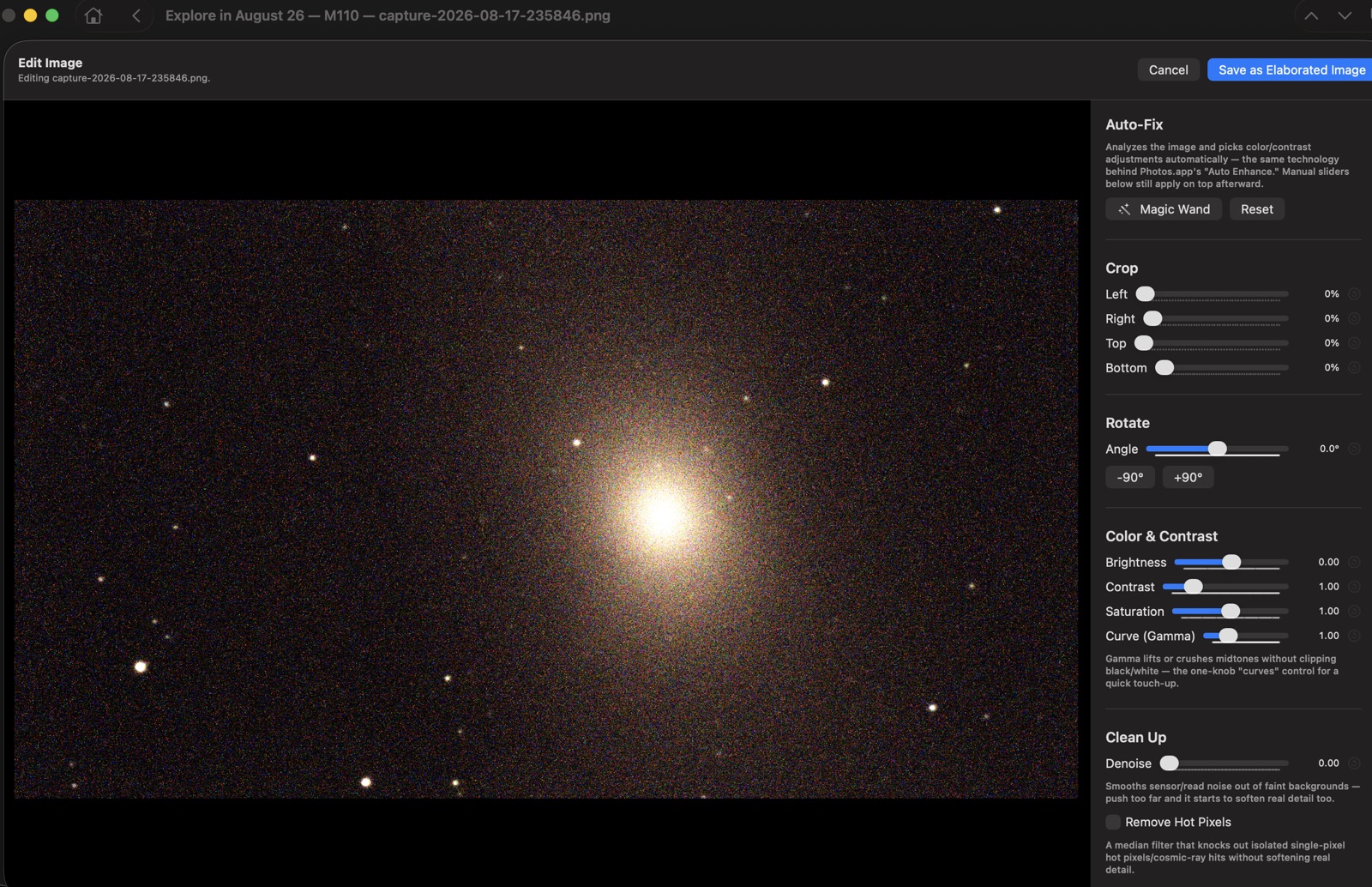 Sky For Mac's Edit Image tool, showing crop, rotate, color, clean-up, and astronomy-specific tools next to a galaxy capture