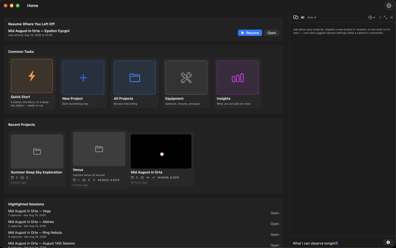 Sky For Mac's Home dashboard, showing Resume Where You Left Off, Common Tasks, Recent Projects, and Highlighted Sessions