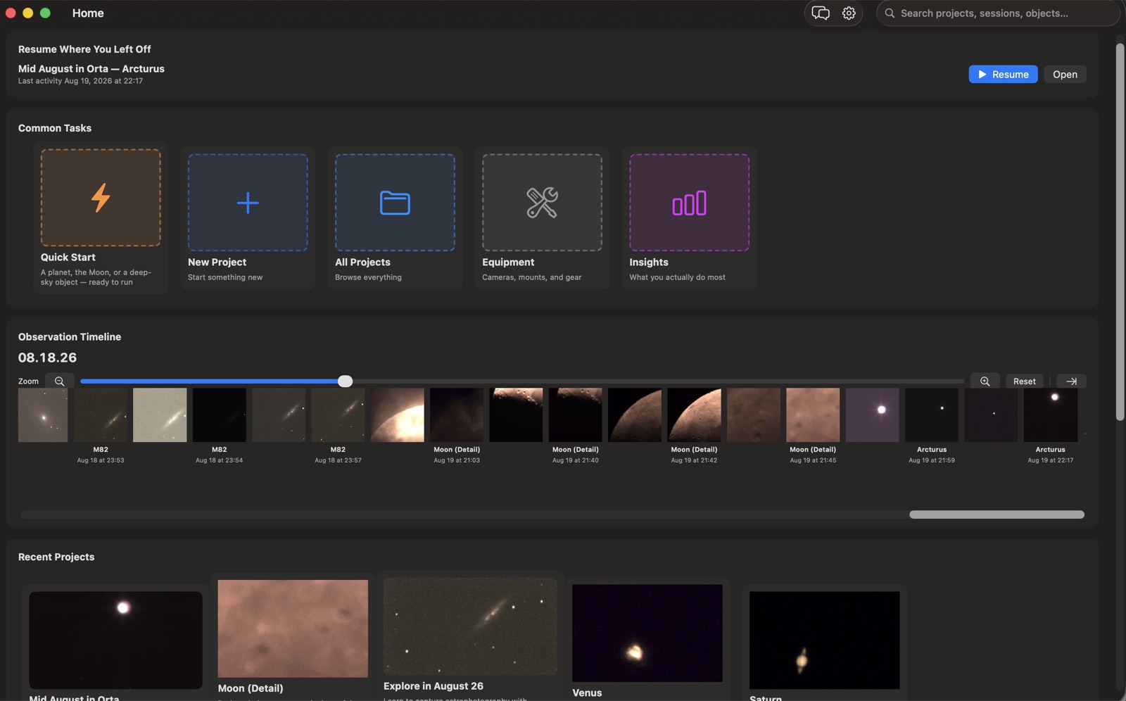 Sky For Mac's Home dashboard, showing Resume Where You Left Off, Common Tasks, Recent Projects, and the zoomable Observation Timeline