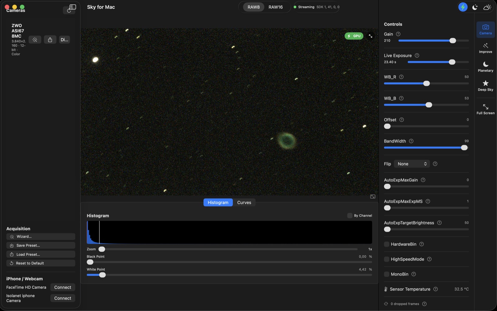 M57, the Ring Nebula, live view in Sky For Mac