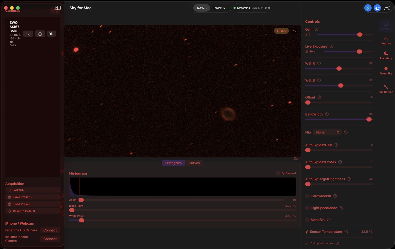 M57 in Sky For Mac's red-tinted Night Mode UI