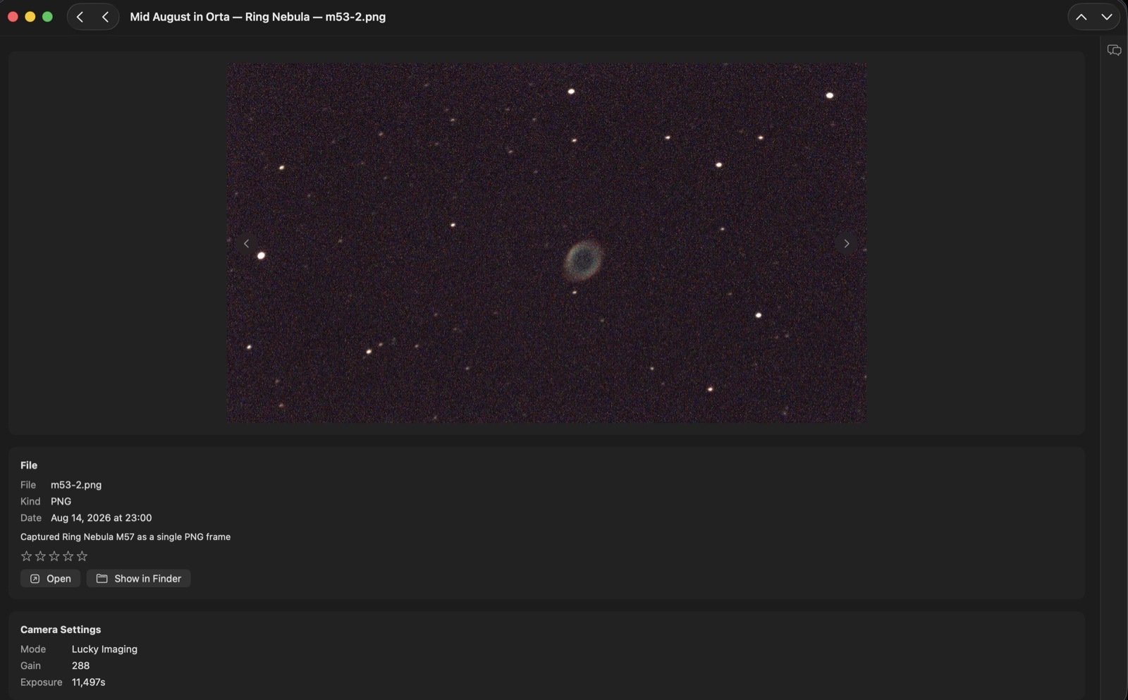 A single capture detail page for the Ring Nebula M57, with file info and camera settings