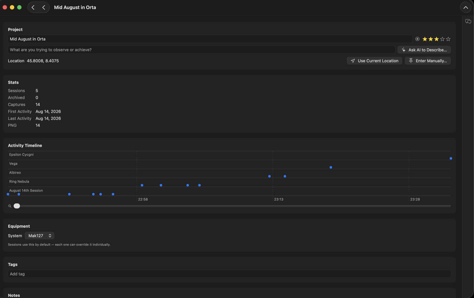 A Sky For Mac Project page, showing stats, an activity timeline, and assigned equipment