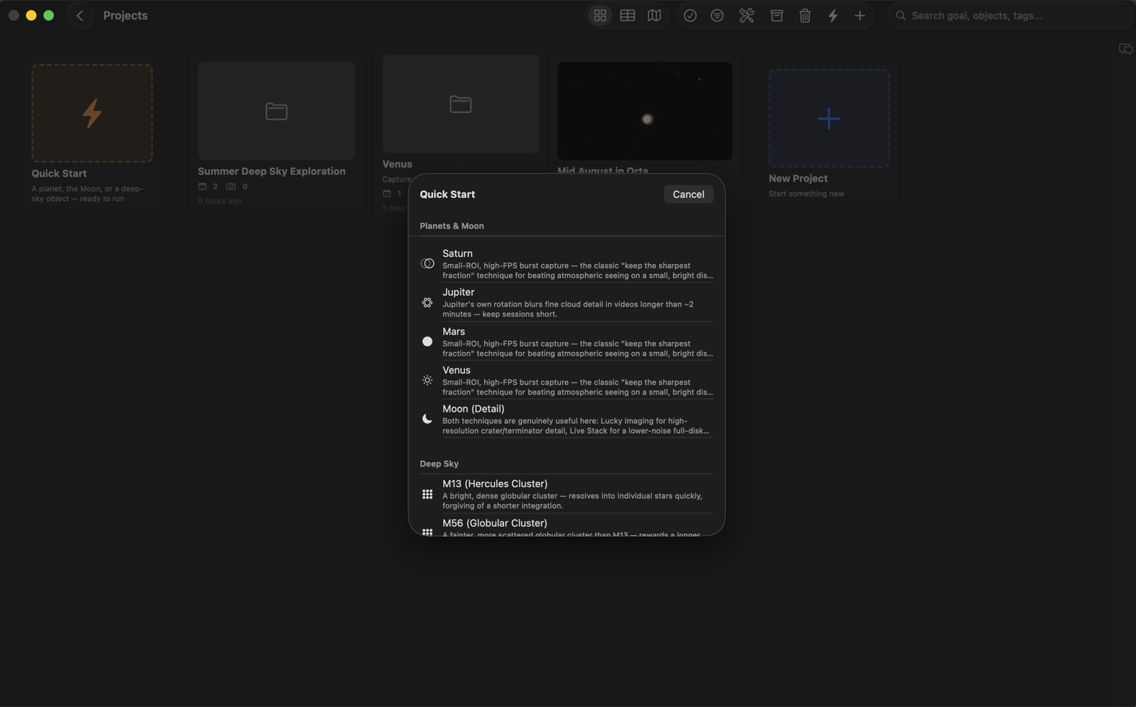 Sky For Mac's Quick Start picker, listing planets, the Moon, and curated deep-sky objects