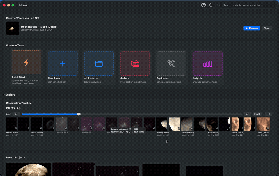 A quick tour of Sky For Mac's Home dashboard, Observation Timeline, and Recent Projects