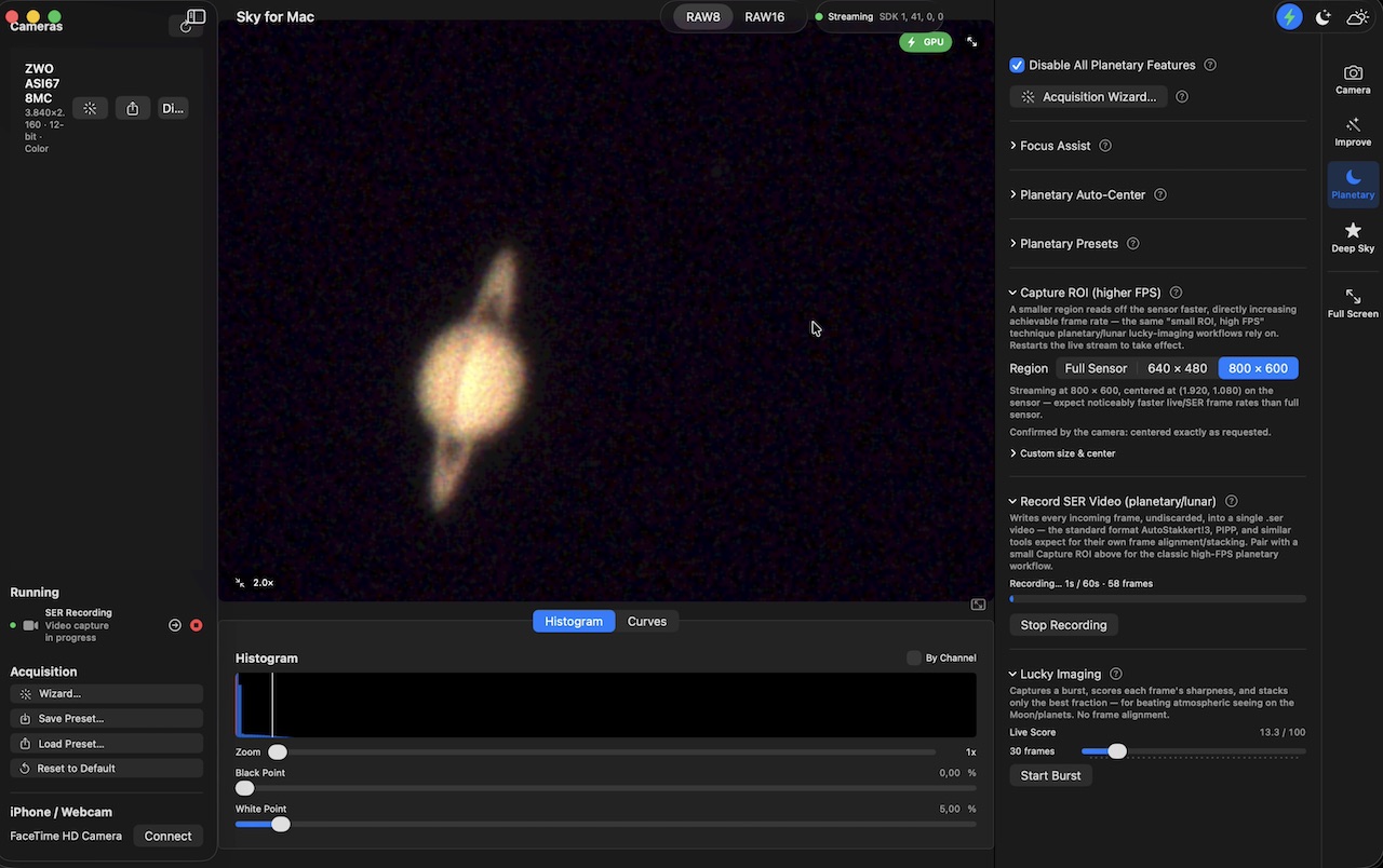 Sky For Mac recording a SER video of Saturn, with the Record SER Video panel open