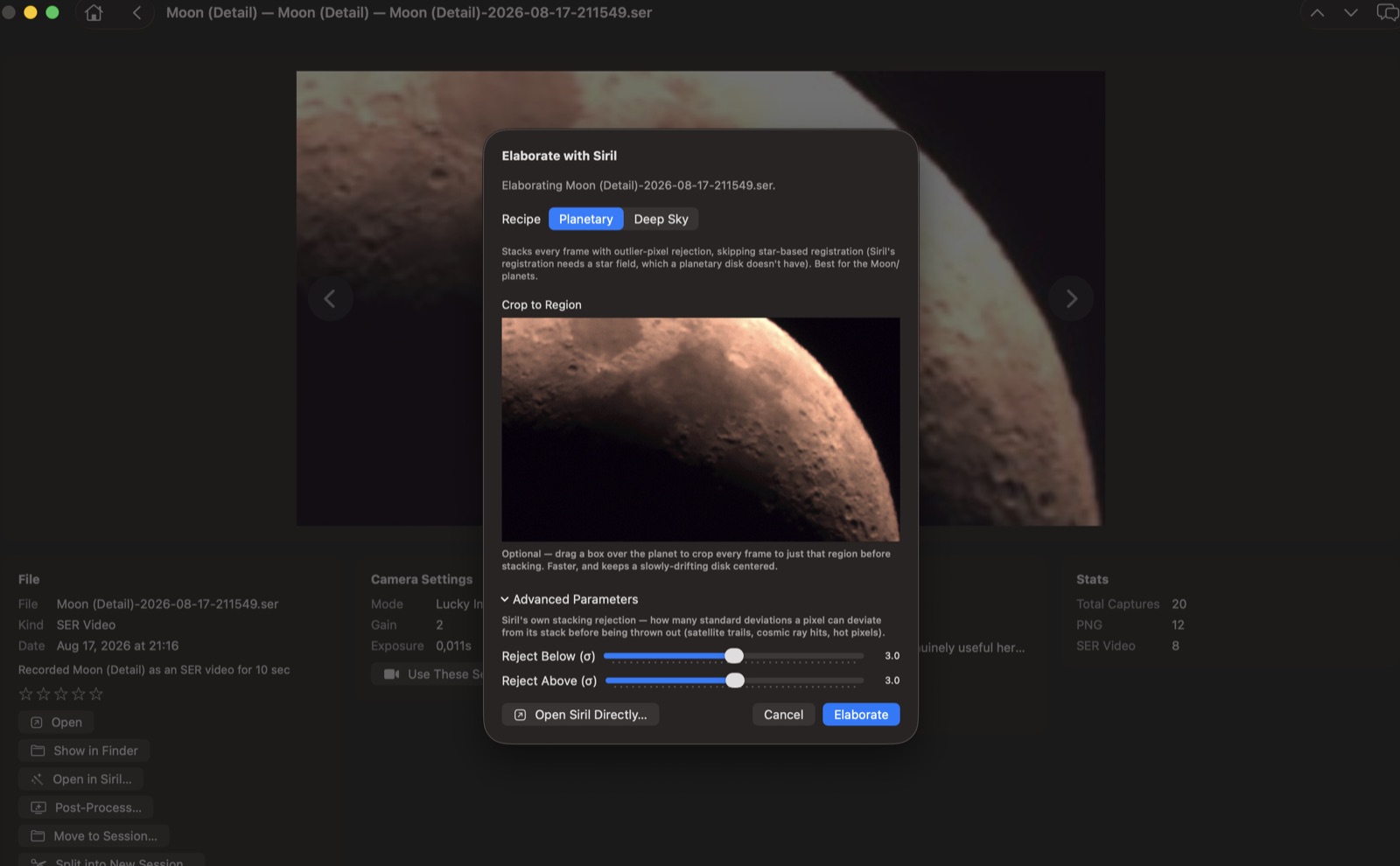 Sending a Moon SER recording to Siril from Sky For Mac, with a Planetary/Deep Sky recipe picker and crop-to-region