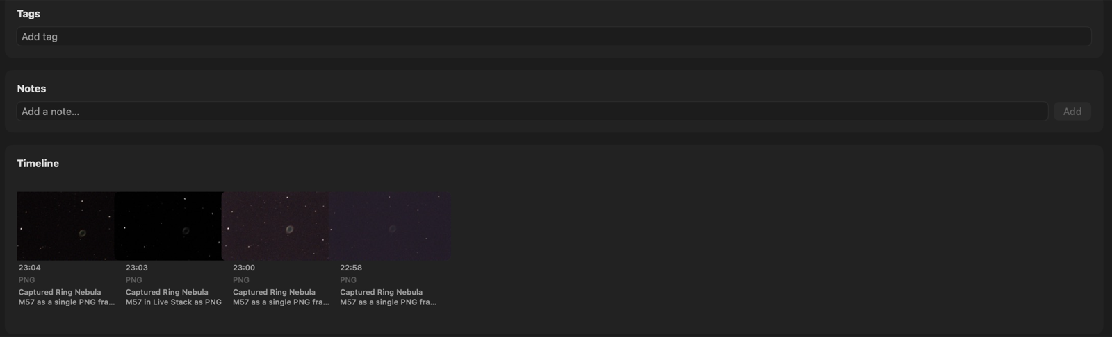 A Sky For Mac session's capture timeline, showing a row of thumbnails with auto-generated notes