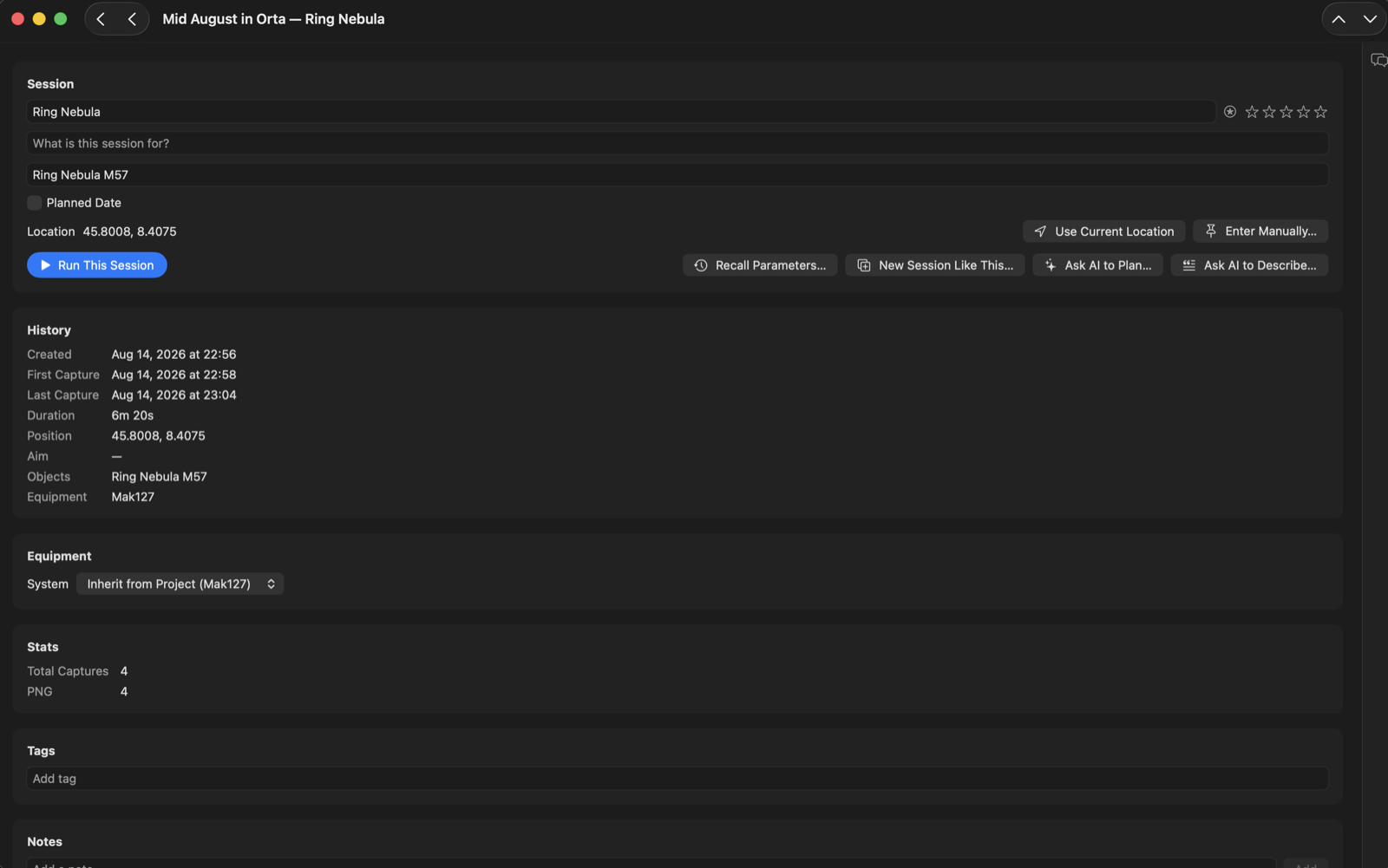 A Sky For Mac Session Details page, showing history, equipment, stats, and tags for a single session