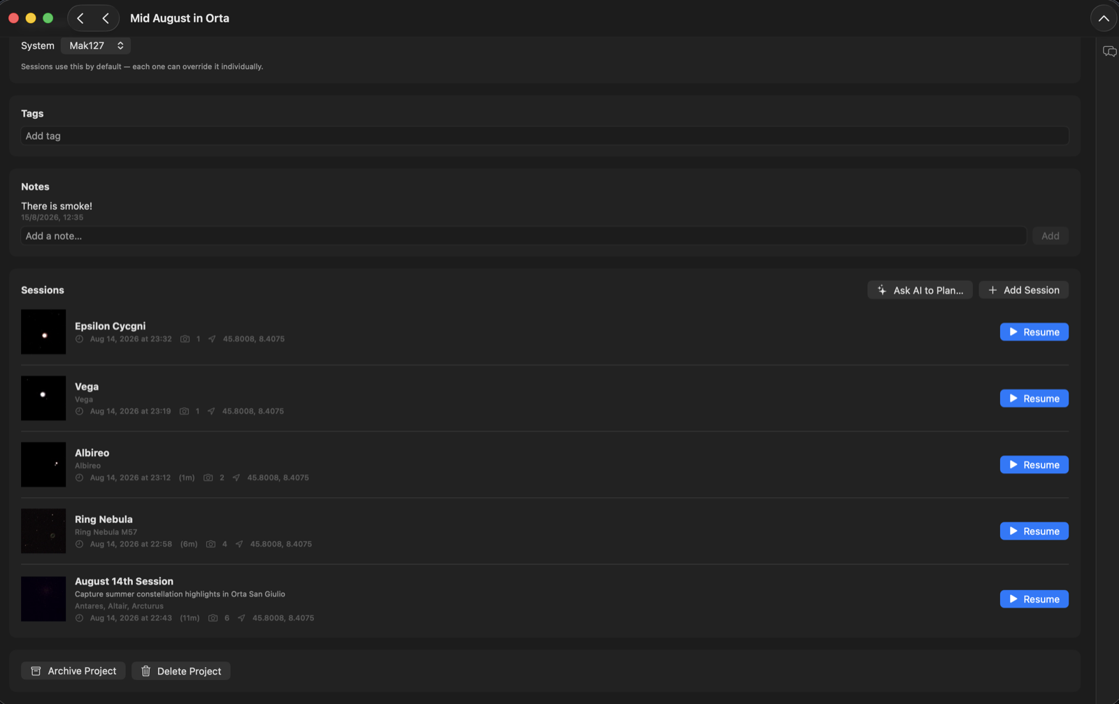 A Sky For Mac Project's Sessions list, each with a thumbnail and a Resume button
